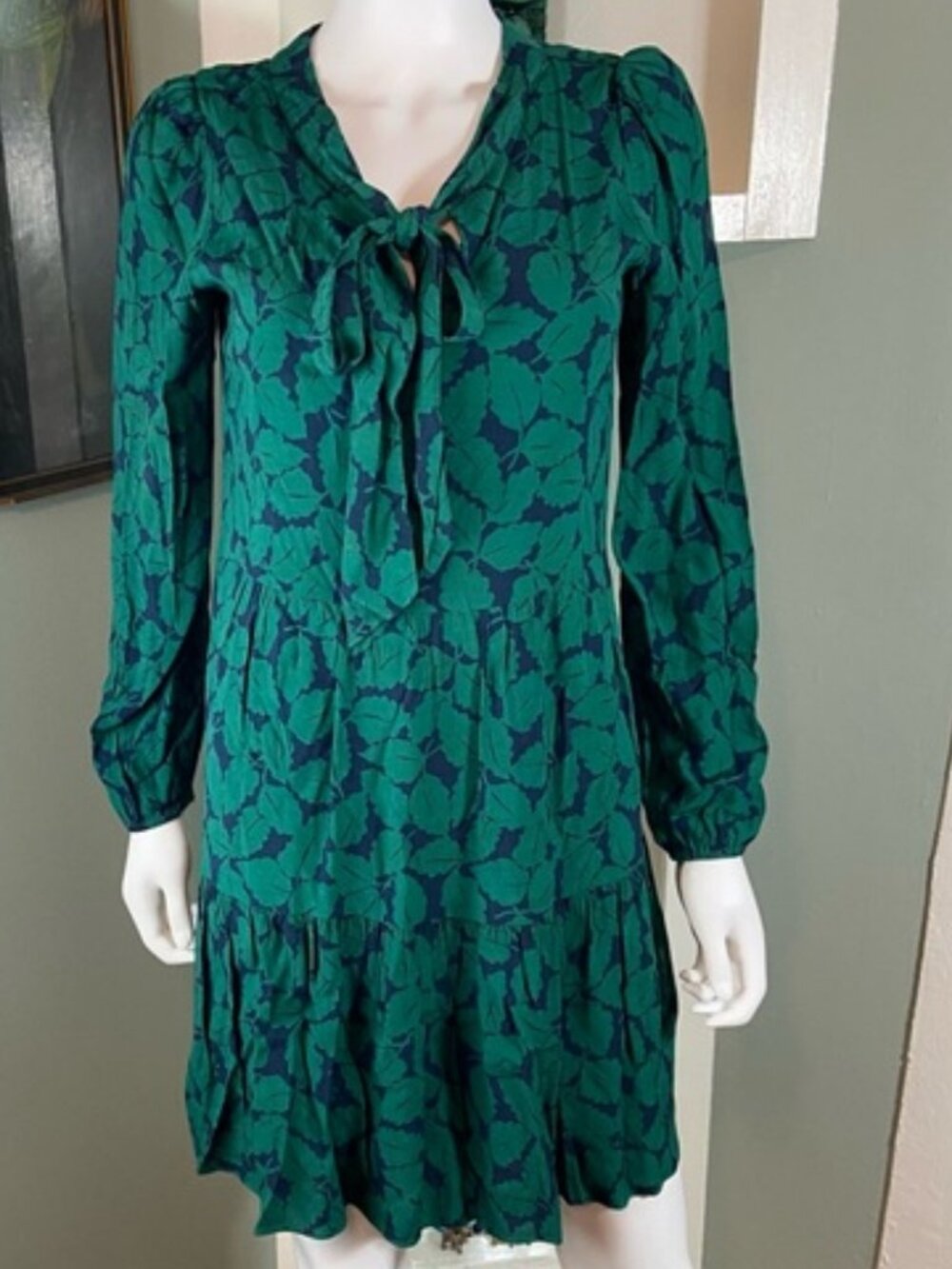 Sail to Sable Leaf Print Drop Waist Nautical Shift Babydoll Mini Dress Bow XS